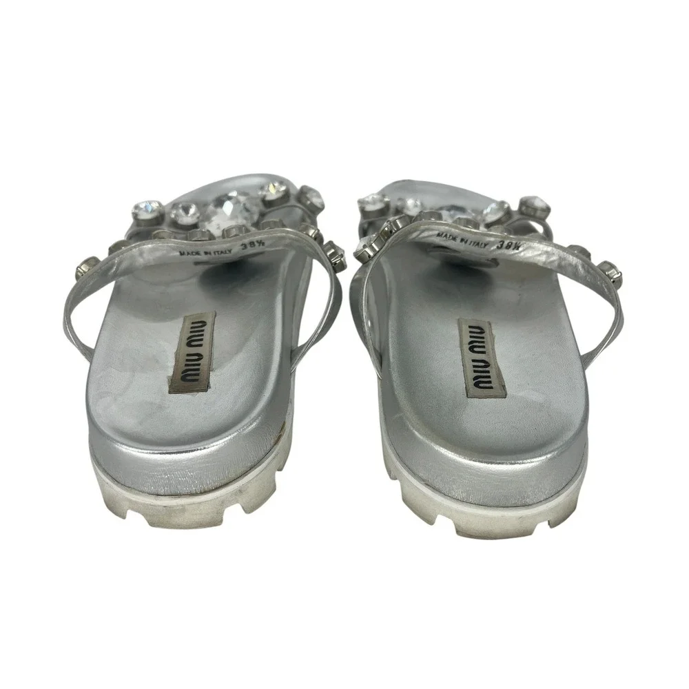 Miu Miu Argento Crystal Embellished Platform Slide Sandals Silver Size 39.5